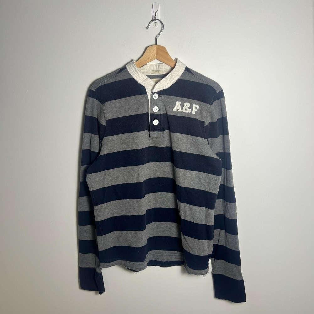 Abercrombie & Fitch Henley Shirt Mens 2XL Blue Gray Striped Muscle Long Sleeve